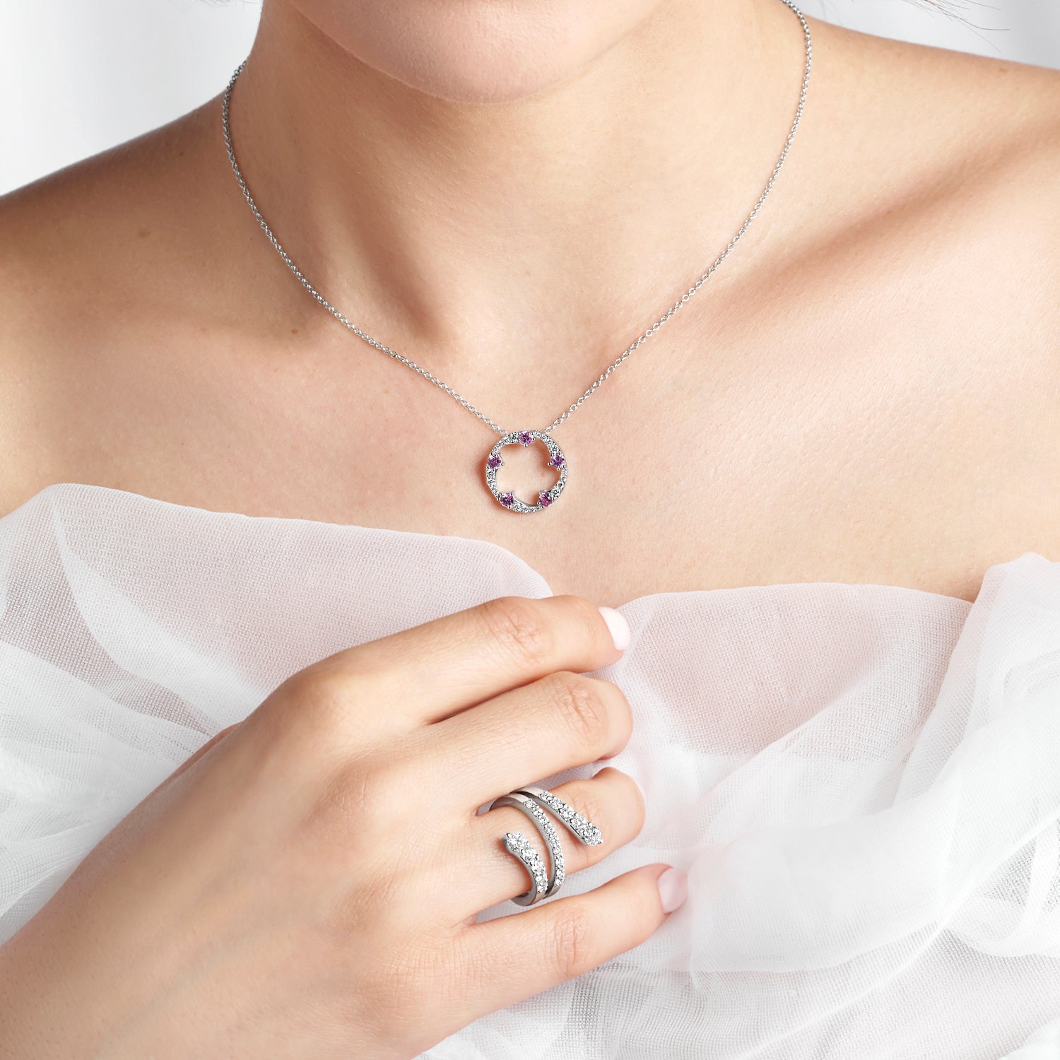 OPEIA Collection 18ct White Gold Pink Sapphire And Diamond Fancy Circle Pendant With Chain