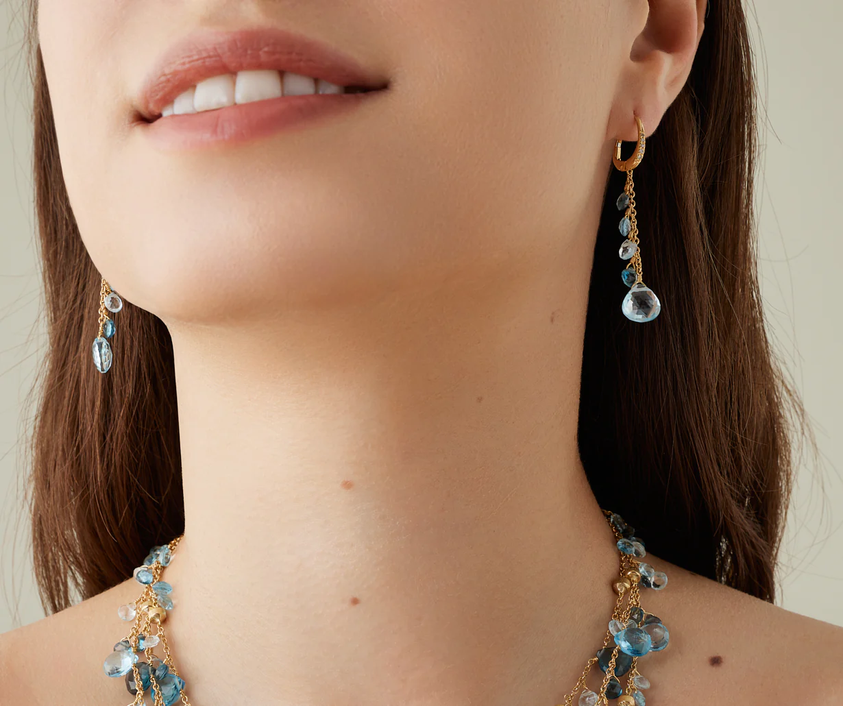 Marco Bicego Paradise 18ct Yellow Gold Blue Topaz & Diamond Set Drop Earrings - Berry's Jewellers
