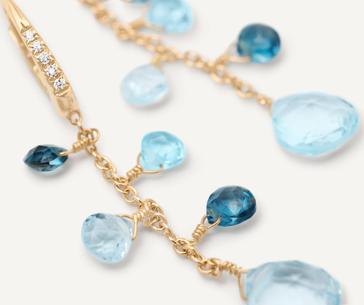 Marco Bicego Paradise 18ct Yellow Gold Blue Topaz & Diamond Set Drop Earrings - Berry's Jewellers