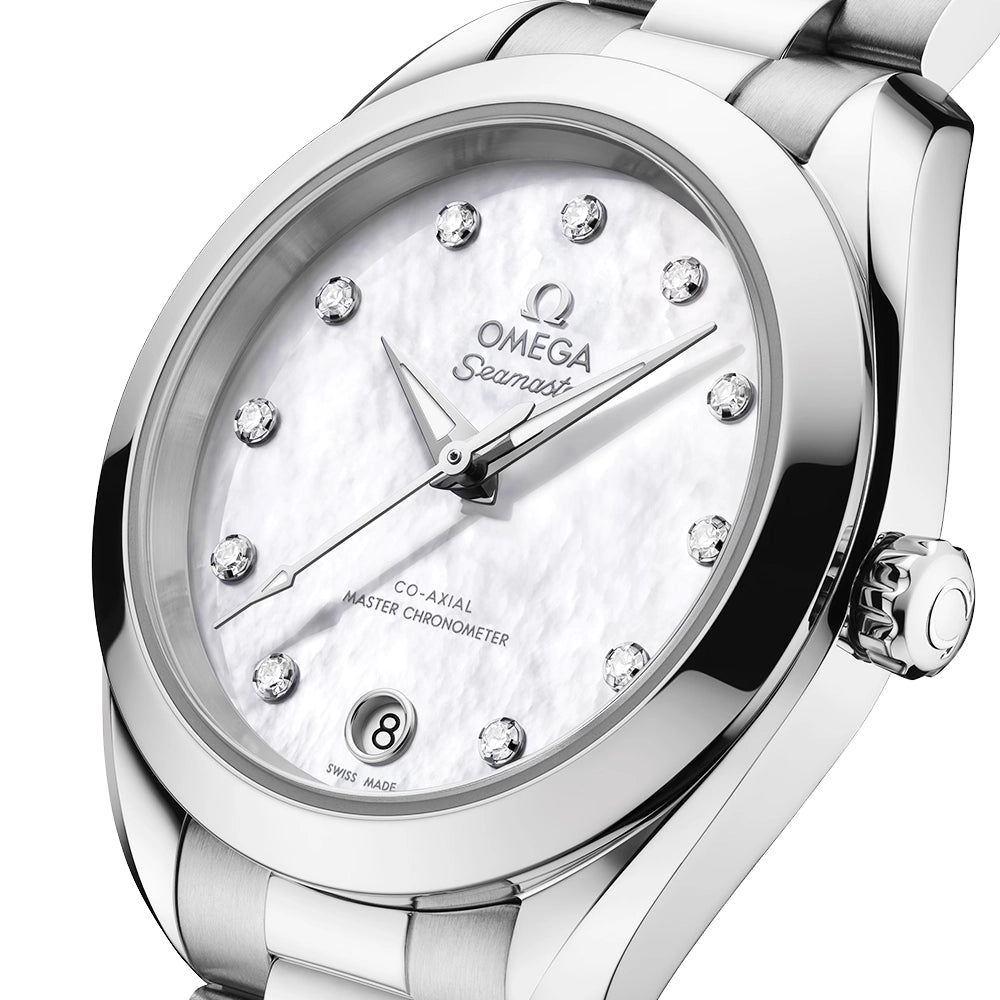 OMEGA Seamaster Aqua Terra 30mm White Mother of Pearl Diamond Dial Watch - Berry's Jewellers