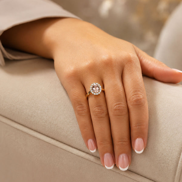 18ct Rose Gold Oval Morganite And Diamond Cluster Ring
