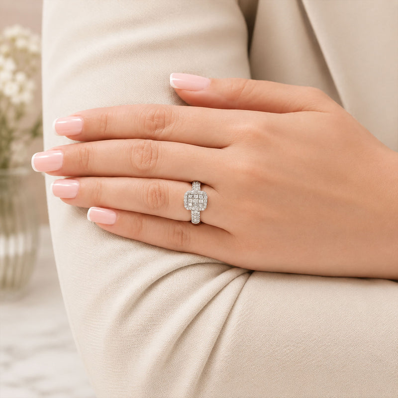 18ct White Gold Round Brilliant Cut And Baguette Cut Diamond Illusion Set Rectangular Cluster Ring
