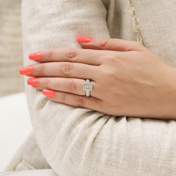 Berry's 18ct White Gold Round Brilliant Cut And Baguette Cut Diamond Illusion Set Rectangular Cluster Ring - Berry's Jewellers