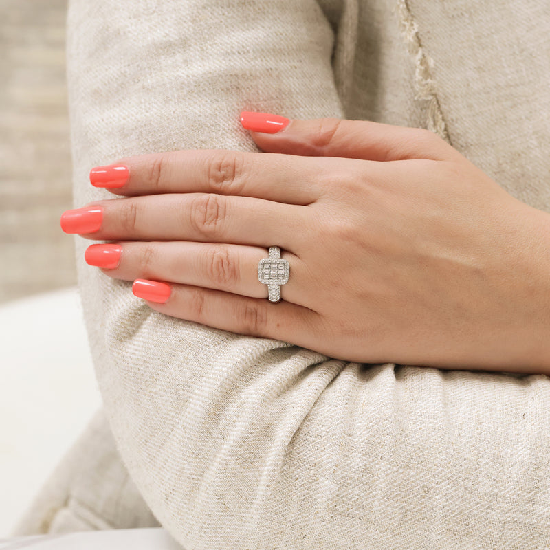 Berry's 18ct White Gold Round Brilliant Cut And Baguette Cut Diamond Illusion Set Rectangular Cluster Ring - Berry's Jewellers