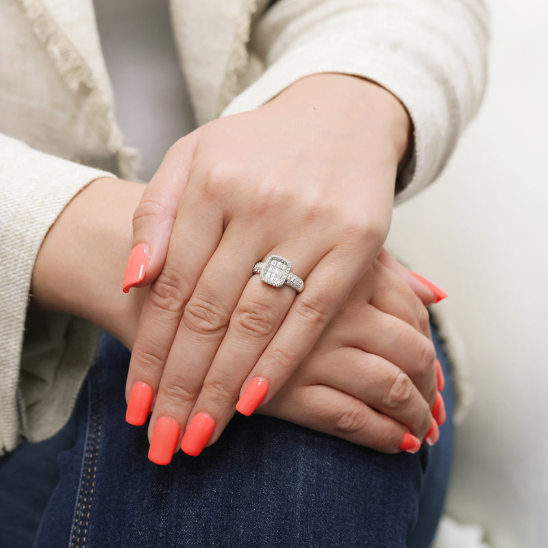 Berry's 18ct White Gold Round Brilliant Cut And Baguette Cut Diamond Illusion Set Rectangular Cluster Ring - Berry's Jewellers