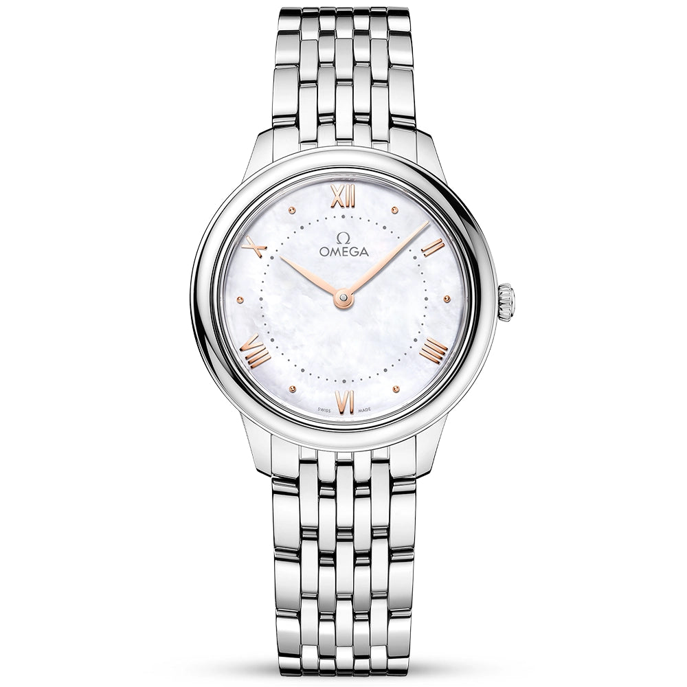 OMEGA De Ville Prestige 30mm White Mother of Pearl Dial Bracelet Watch - Berry's Jewellers