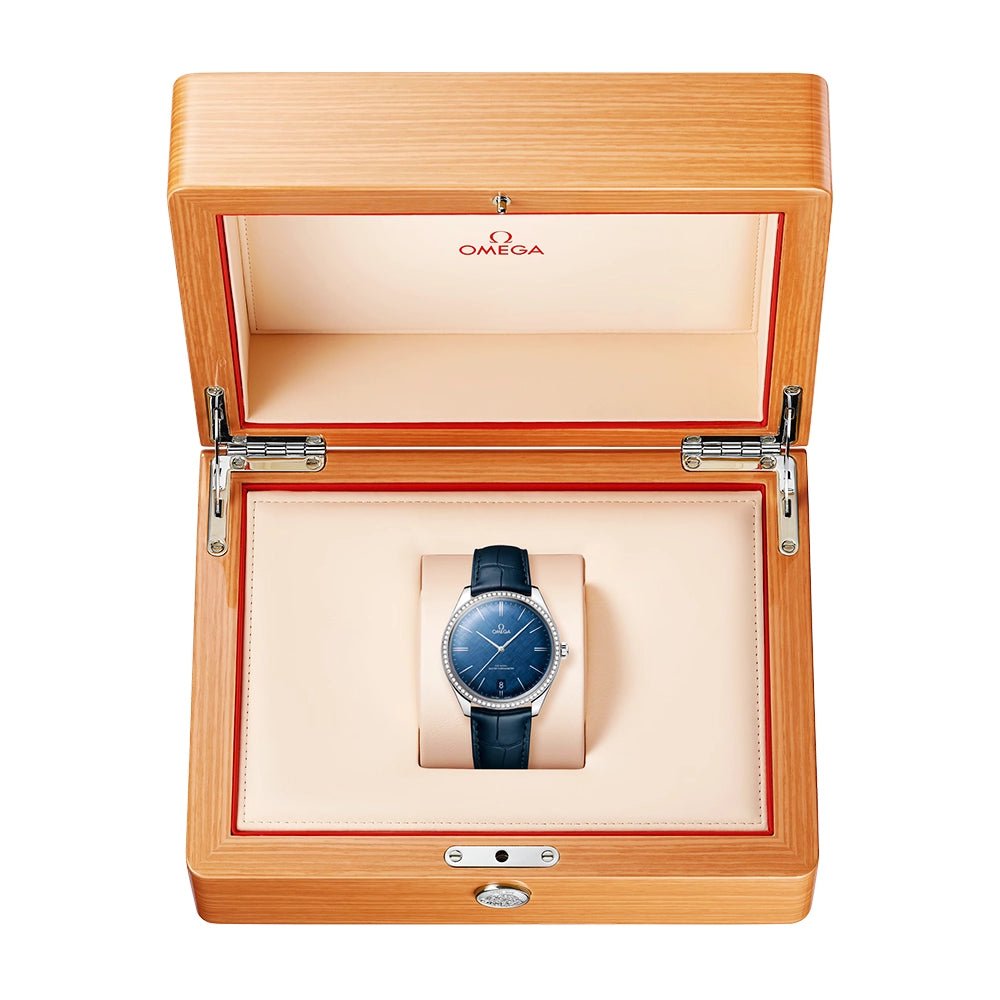 OMEGA De Ville Tresor 40mm Blue Silk Dial Diamond Set Strap Watch - Berry's Jewellers
