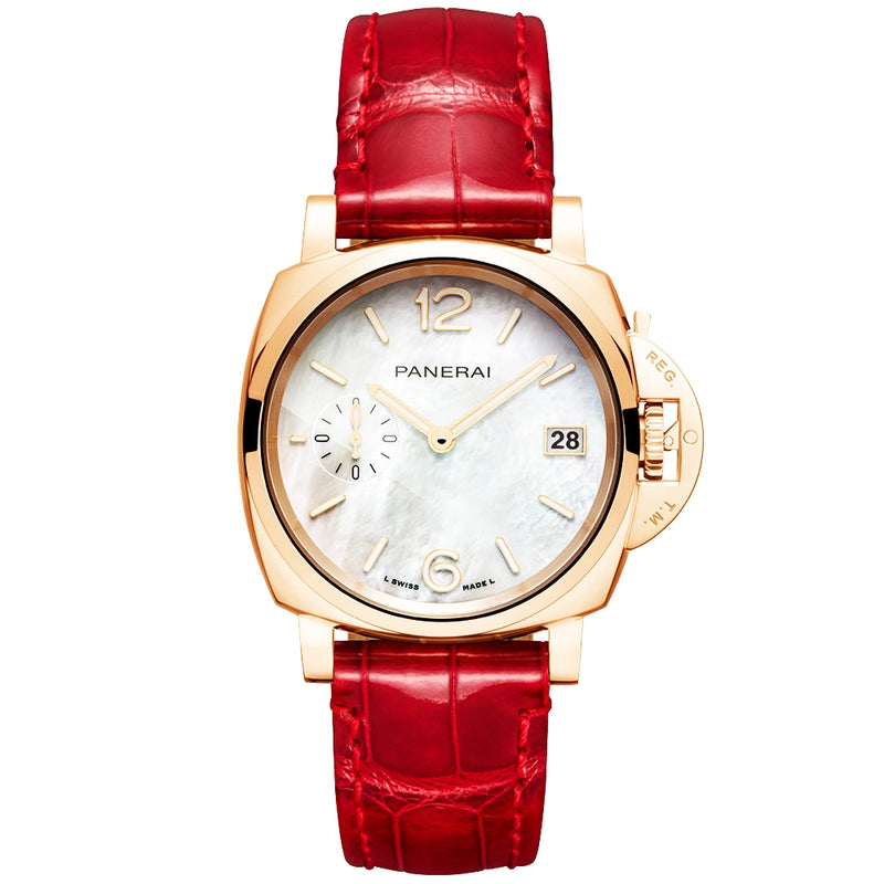 Panerai Luminor Due Goldtech Madreperla 38mm Automatic Red Strap Watch - Berry's Jewellers