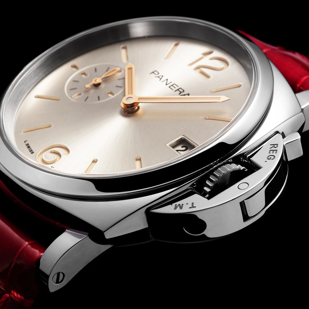 Panerai Luminor Due 38mm Silver Dial Automatic Red Strap Watch - Berry's Jewellers