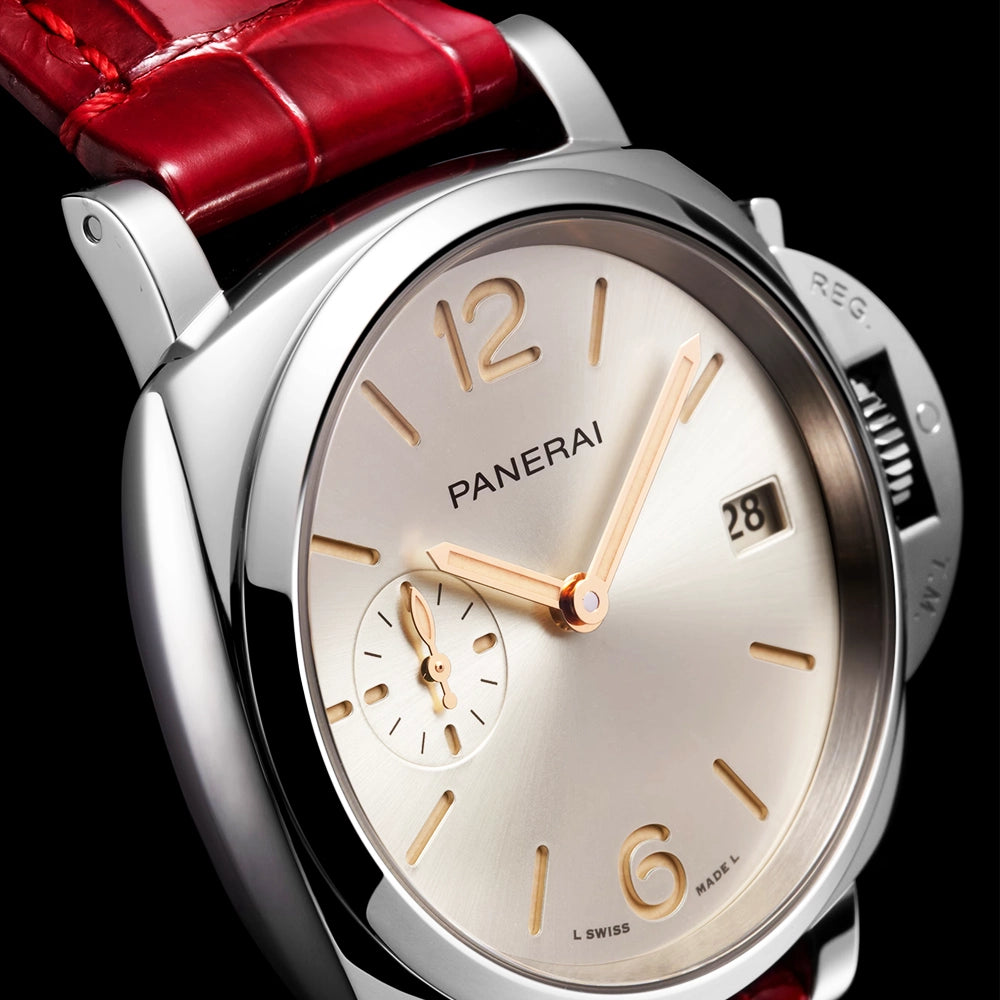 Panerai Luminor Due 38mm Silver Dial Automatic Red Strap Watch - Berry's Jewellers