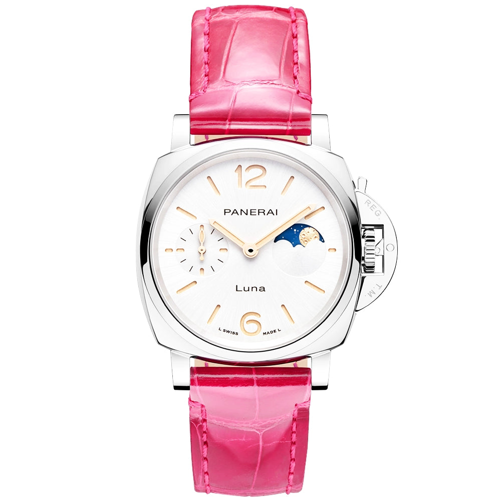 Panerai Luminor Due Luna 38mm White Dial Automatic Pink Strap Watch - Berry's Jewellers