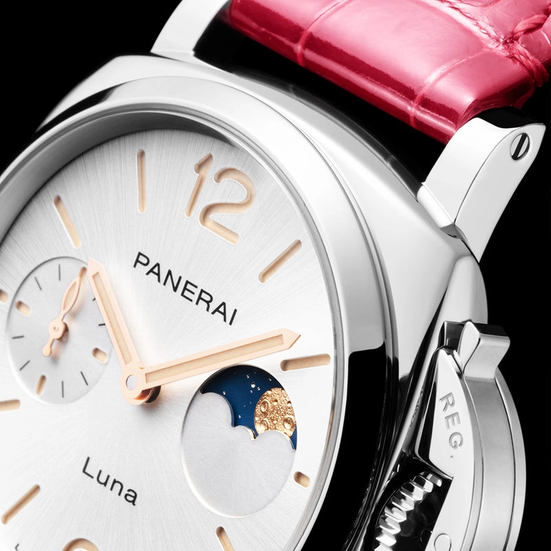 Panerai Luminor Due Luna 38mm White Dial Automatic Pink Strap Watch - Berry's Jewellers