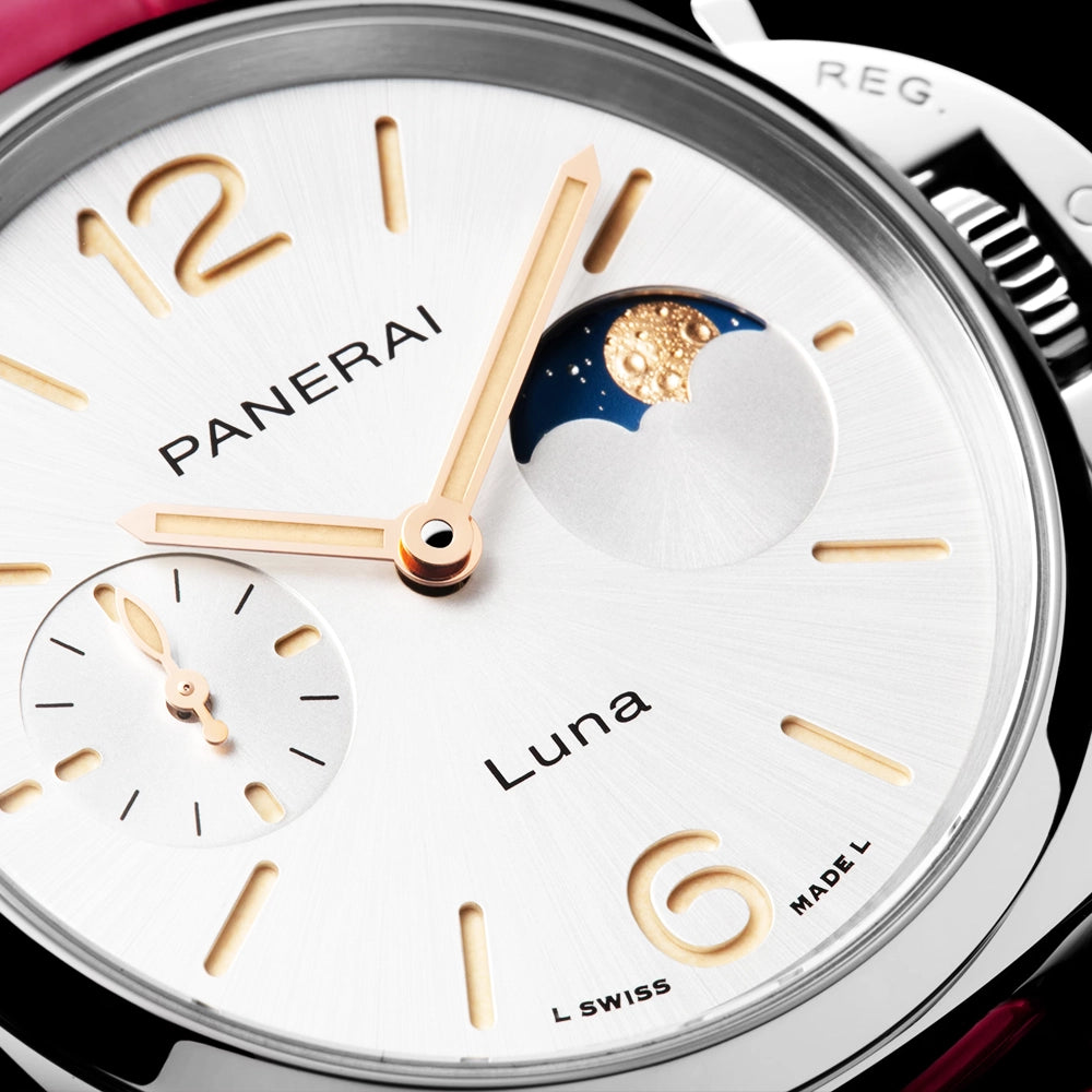 Panerai Luminor Due Luna 38mm White Dial Automatic Pink Strap Watch - Berry's Jewellers