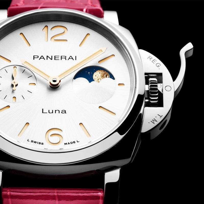 Panerai Luminor Due Luna 38mm White Dial Automatic Pink Strap Watch - Berry's Jewellers
