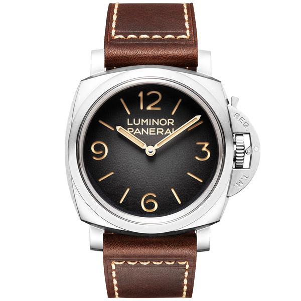 Panerai Luminor Tre Giorni 47mm Patina Steel Mens Leather Strap Watch - Berry's Jewellers