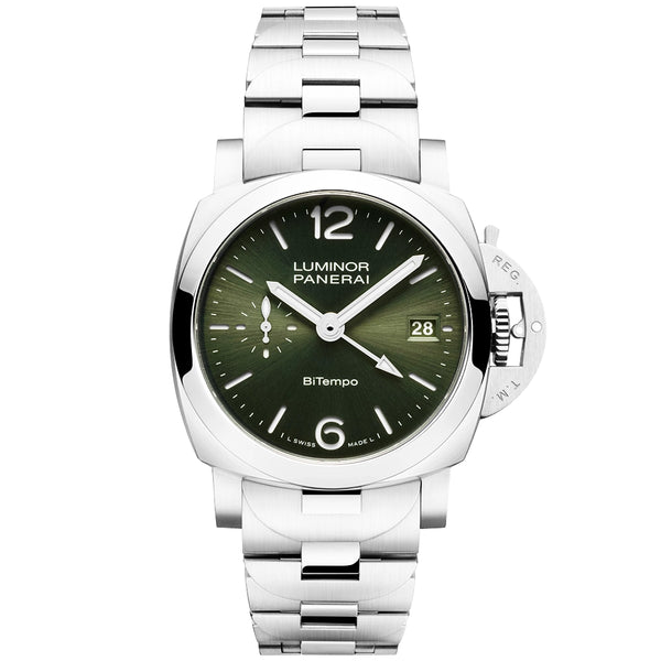 Panerai Luminor Quaranta BiTempo Green Sunray Dial Bracelet Watch - Berry's Jewellers
