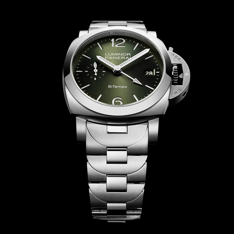 Panerai Luminor Quaranta BiTempo Green Sunray Dial Bracelet Watch - Berry's Jewellers