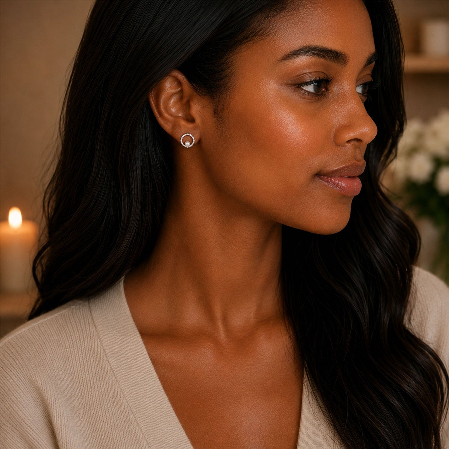 Circle Diamond And Pearl Earrings