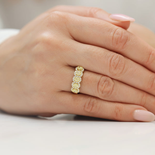 18ct Yellow Gold Oval Cut Yellow Diamond Five Stone Eternity Ring With Diamond Halo Surround