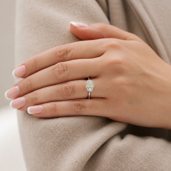 Platinum Yellow Diamond Three Stone Diamond Halo Ring