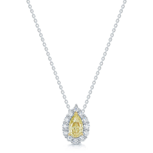 Platinum Pear Cut Yellow Diamond Halo Pendant