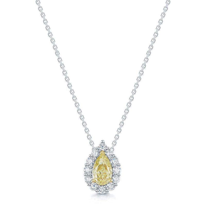 Platinum Pear Cut Yellow Diamond Halo Pendant