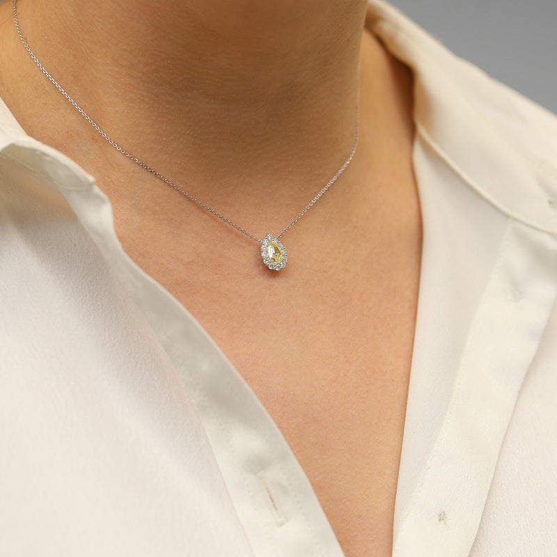 Platinum Pear Cut Yellow Diamond Halo Pendant