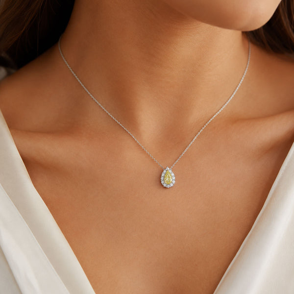 Berry's Platinum Pear Cut Yellow Diamond Halo Pendant - Berry's Jewellers