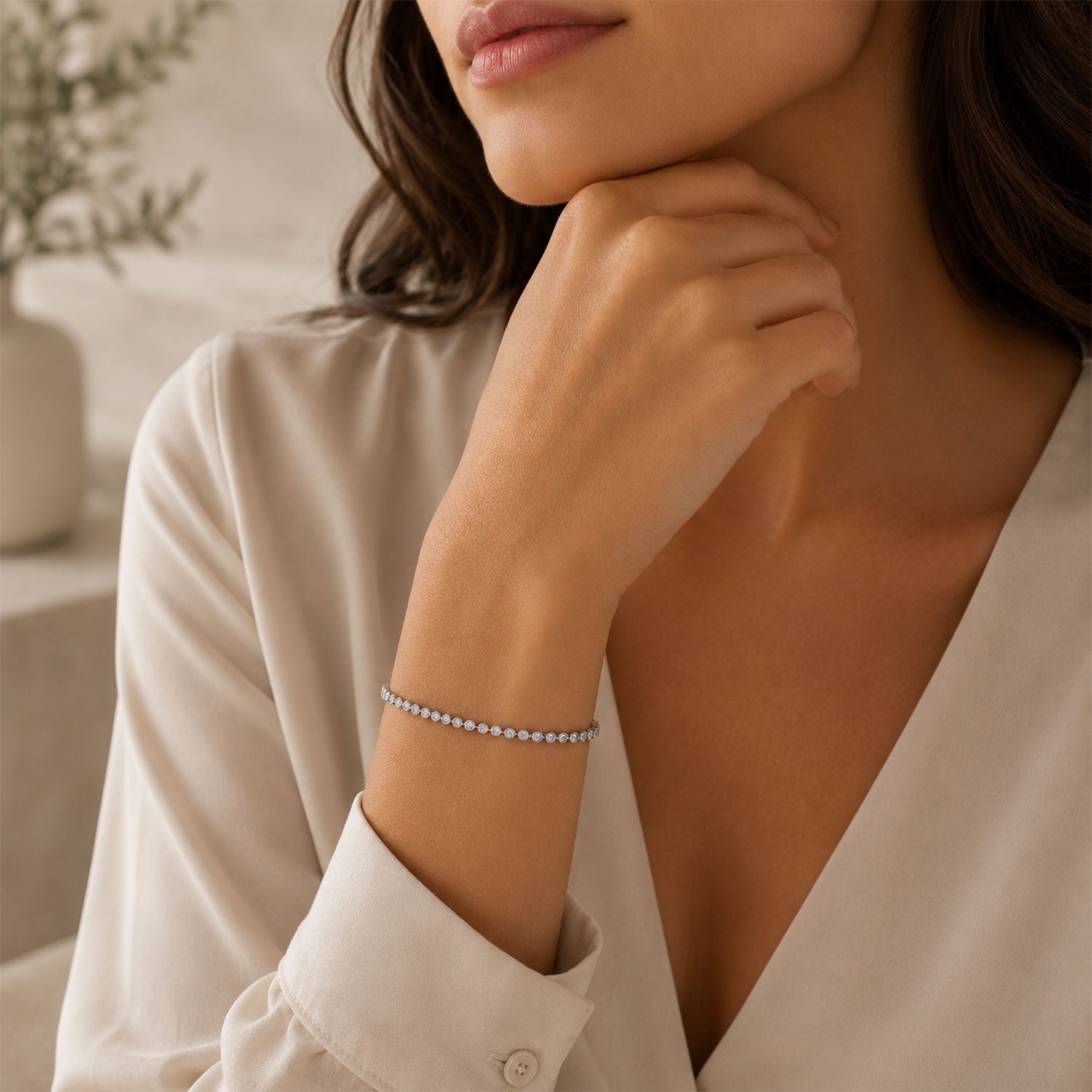 Platinum Round Brilliant Cut Diamond Rubover Set Tennis Bracelet