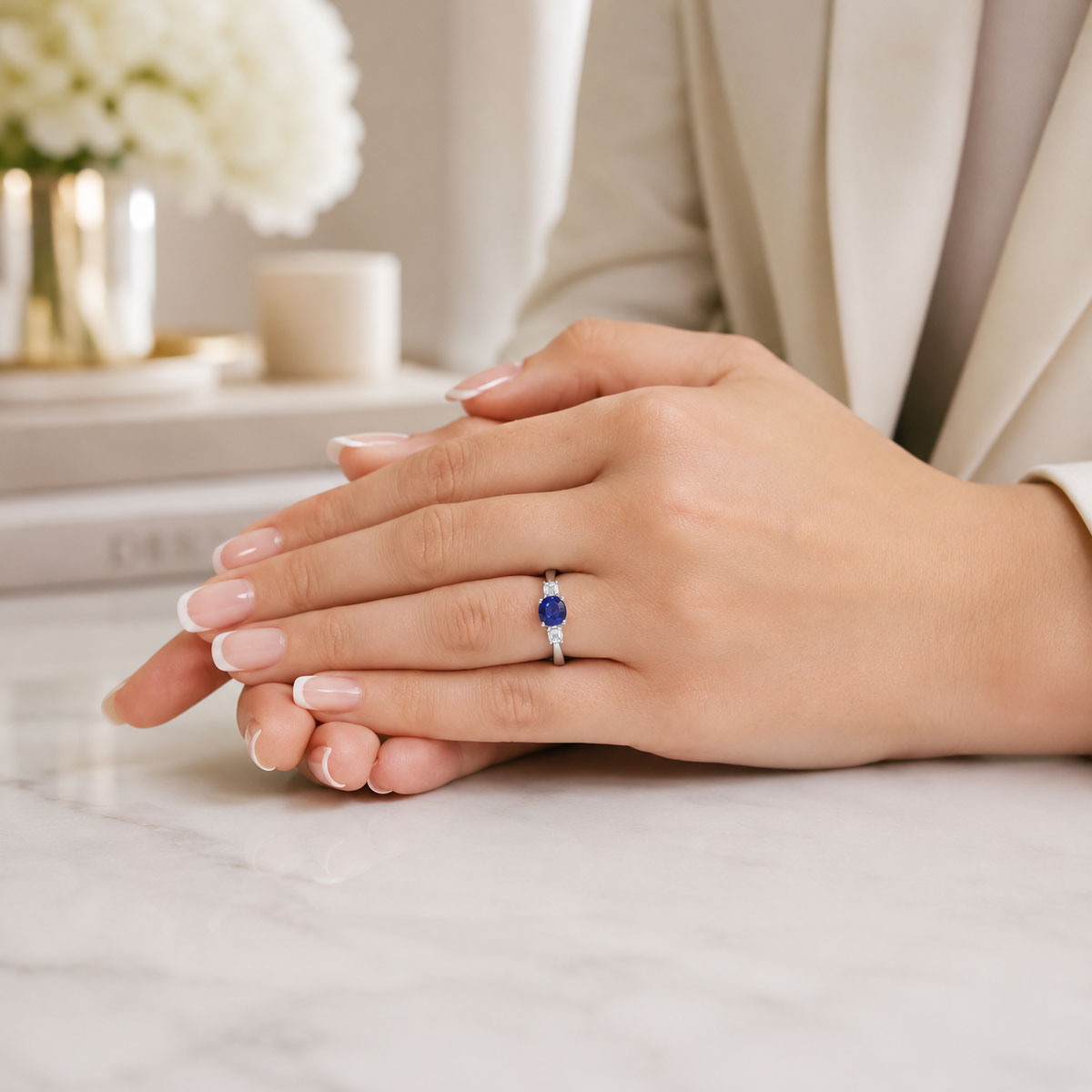 Platinum Sapphire And Diamond Three Stone Ring