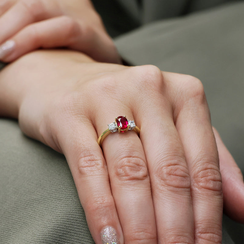 Berry's 18ct Yellow Gold Oval Ruby and Diamond Three Stone Ring - Berry's Jewellers
