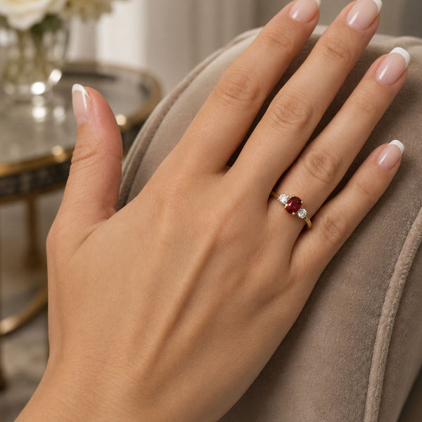 18ct Yellow Gold Oval Ruby and Diamond Three Stone Ring