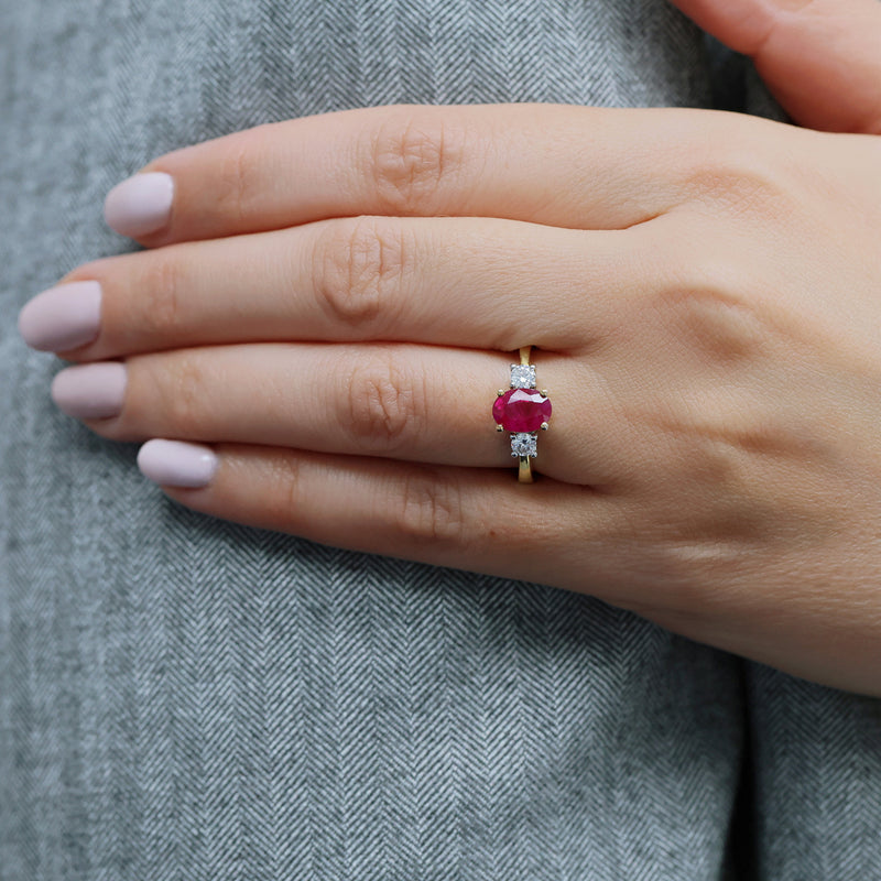 Berry's 18ct Yellow Gold Oval Ruby & Round Brilliant Cut Diamond Three Stone Ring - Berry's Jewellers