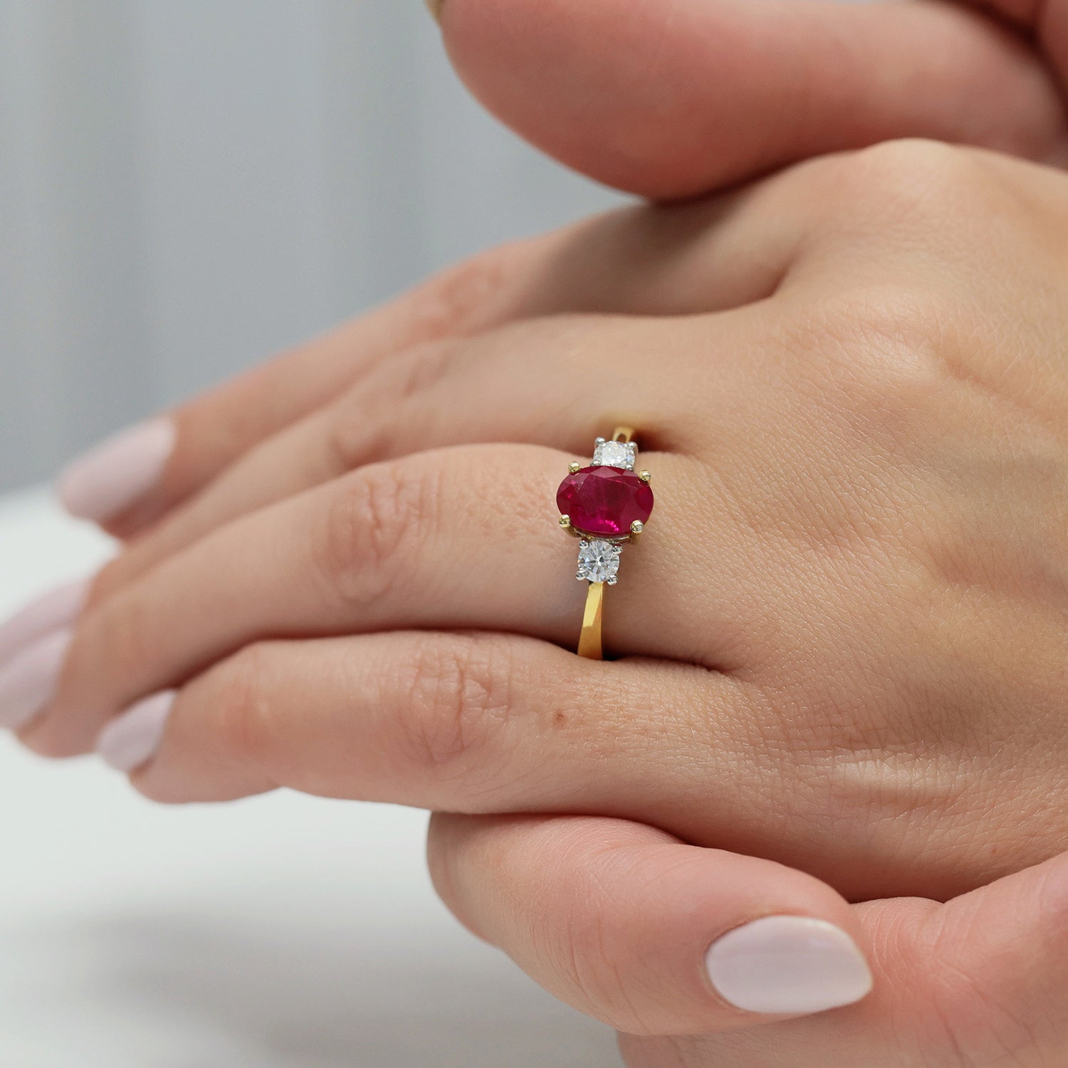 Berry's 18ct Yellow Gold Oval Ruby & Round Brilliant Cut Diamond Three Stone Ring - Berry's Jewellers