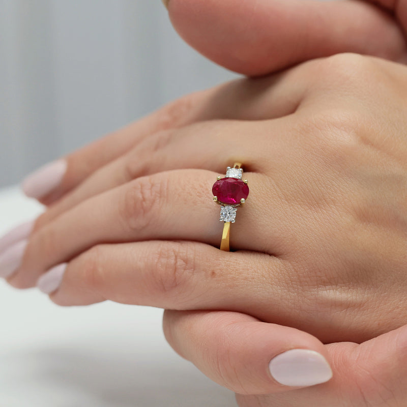 Berry's 18ct Yellow Gold Oval Ruby & Round Brilliant Cut Diamond Three Stone Ring - Berry's Jewellers