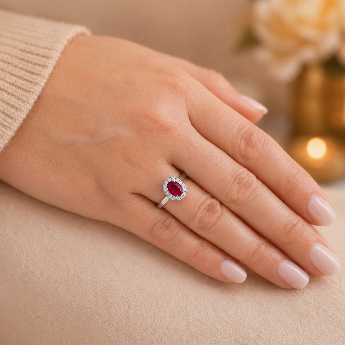 Platinum Oval Cut Ruby And Diamond Halo Ring