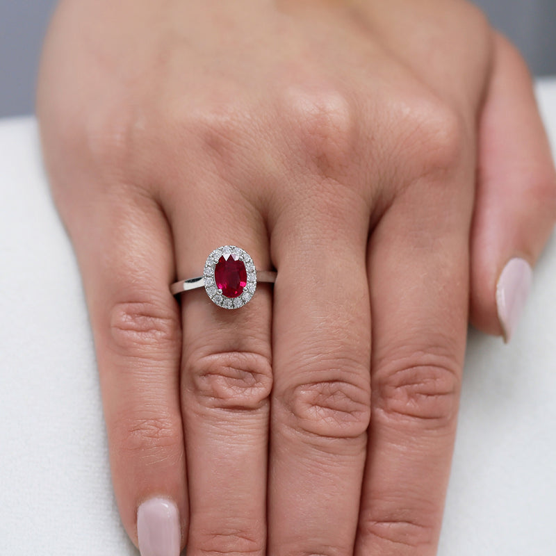 Berry's Platinum Oval Cut Ruby And Diamond Halo Ring - Berry's Jewellers