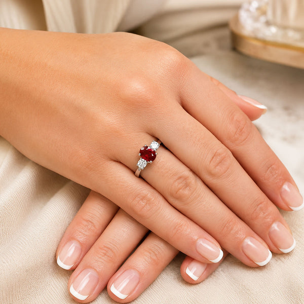 Platinum Oval Cut Ruby And Diamond Three Stone Ring