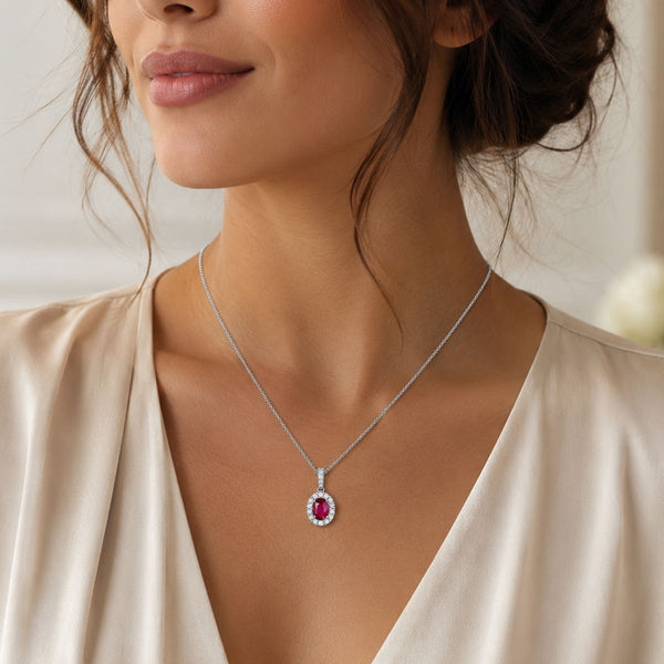 Berry's Platinum Oval Cut Ruby And Diamond Cluster Pendant - Berry's Jewellers