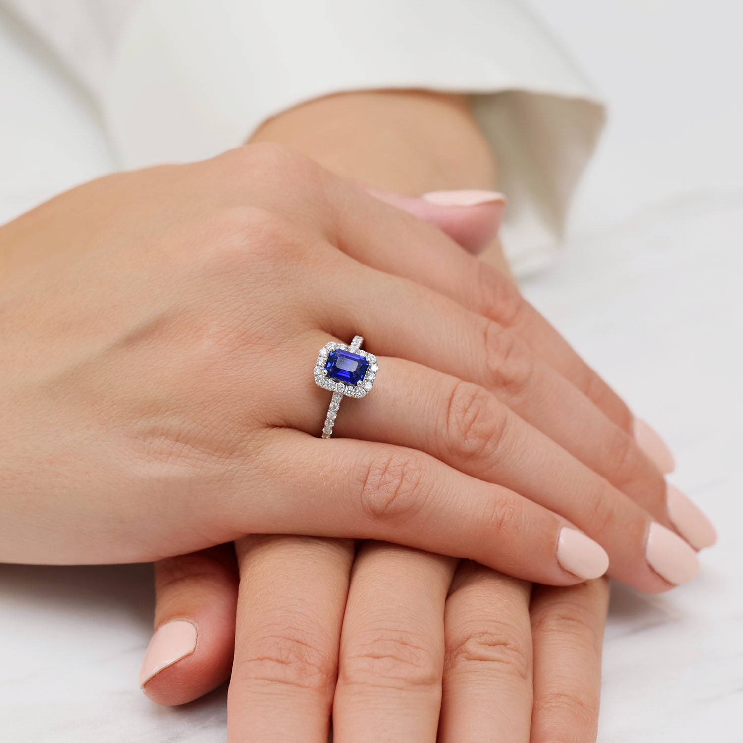 Berry's Platinum  Sapphire And Diamond Halo Ring With Diamond Shoulders - Berry's Jewellers