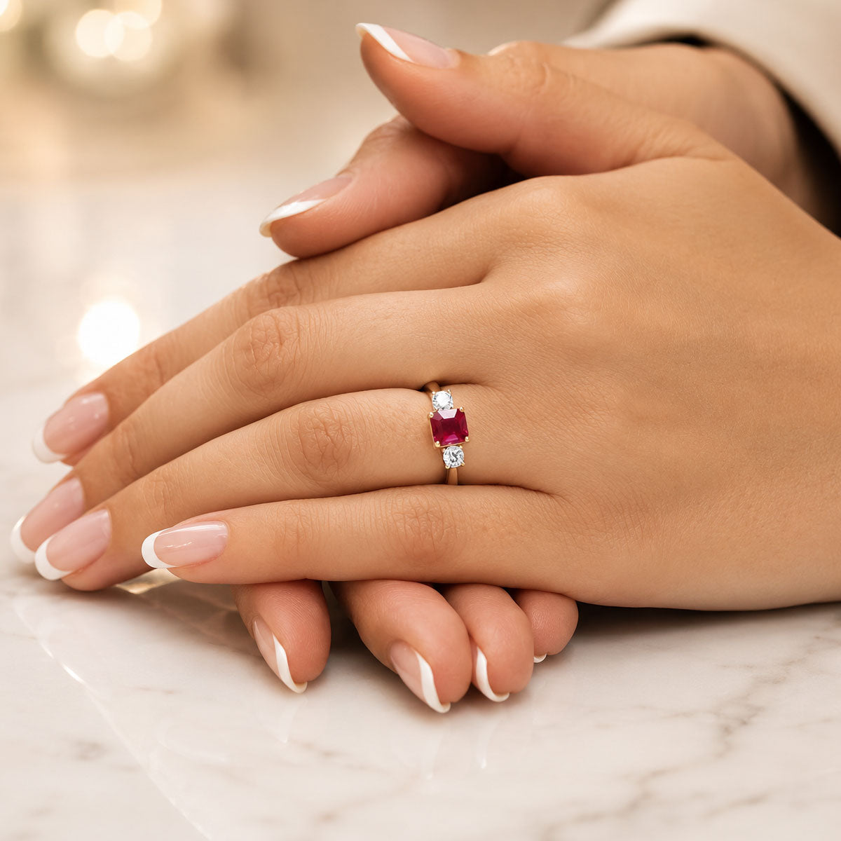 18ct Yellow Gold Square Cut Ruby And Round Brilliant Cut Diamond Three Stone Ring