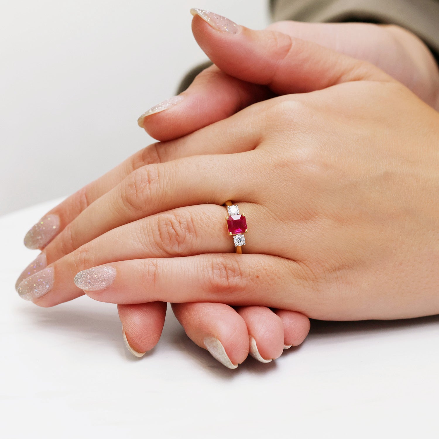 Berry's 18ct Yellow Gold Square Cut Ruby And Round Brilliant Cut Diamond Three Stone Ring - Berry's Jewellers