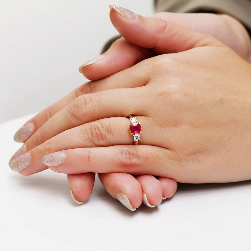 Berry's 18ct Yellow Gold Square Cut Ruby And Round Brilliant Cut Diamond Three Stone Ring - Berry's Jewellers