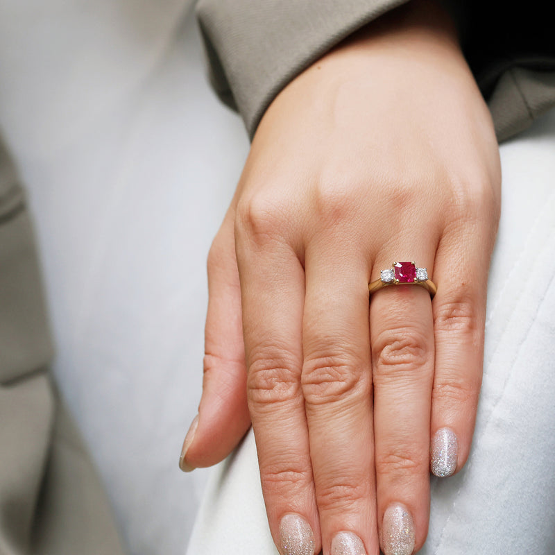 Berry's 18ct Yellow Gold Square Cut Ruby And Round Brilliant Cut Diamond Three Stone Ring - Berry's Jewellers