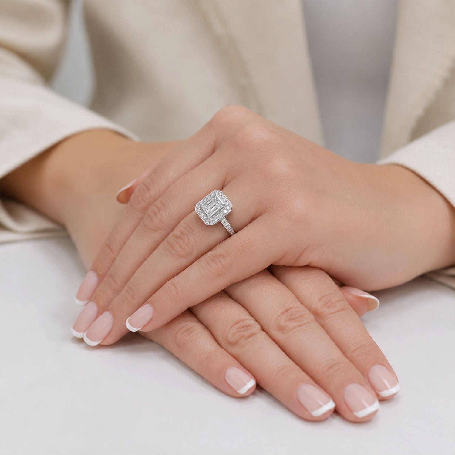 Platinum Baguette And Round Brilliant Cut Diamond Cluster Ring With Diamond Shoulders