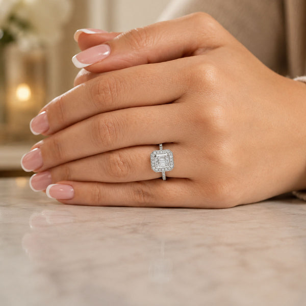 Platinum Round Brilliant And Baguette Cut Fancy Halo Diamond Ring With Diamond Shoulders