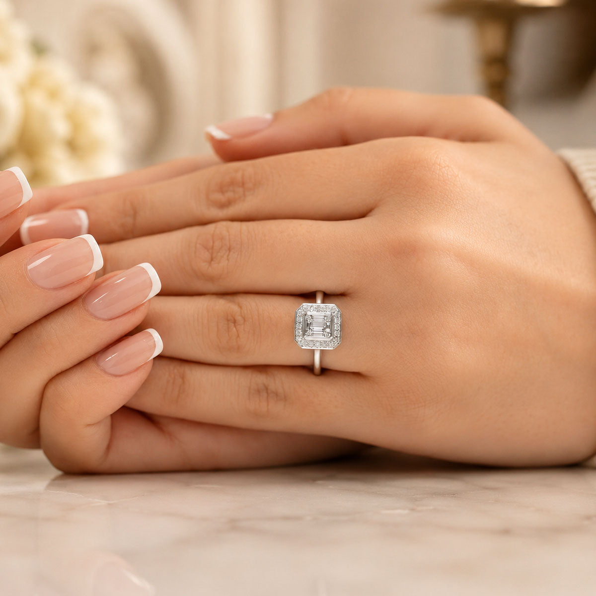 Platinum Baguette And Round Brilliant Cut Diamond Cluster Ring
