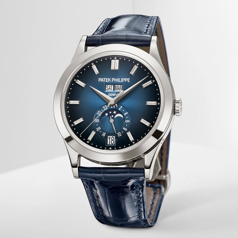 Patek Philippe Complications Annual Calendar Moon Phases Blue Diamond Dial Watch - Berry's Jewellers