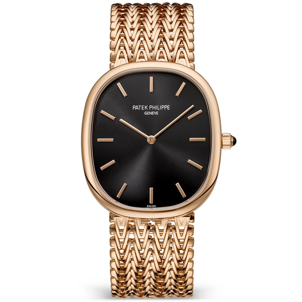 Patek Philippe Golden Ellipse 18ct Rose Gold Ebony Black Dial Milanese Bracelet Watch - Berry's Jewellers