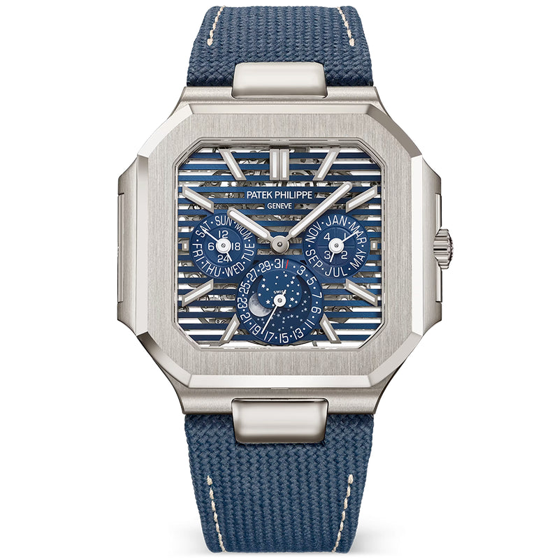 Patek Philippe Cubitus Perpetual Calendar 45mm Platinum Skeleton Blue Dial Watch - Berry's Jewellers